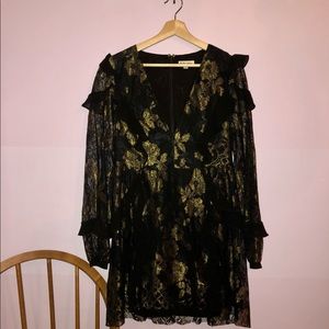 FLL brocade gold lace ruffle long sleeve dress